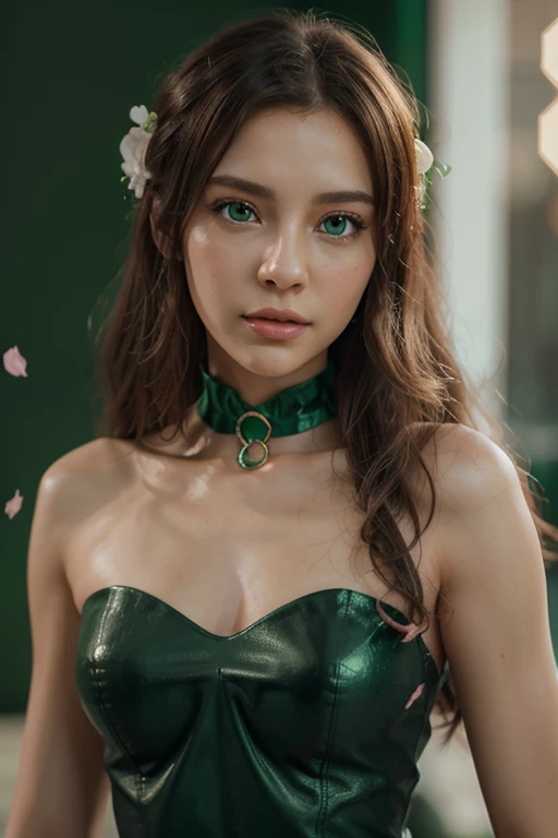 Here's the photorealistic masterpiece you requested:

A close-up portrait of an extremely sexy Italian woman, dressed in a stunning lime green latex cheongsam and hyper-puffy yellow chain swimwear, with twintails blonde hair tied up in an intricate updo hairstyle. Her huge breasts are showcased perfectly as she gazes directly at the viewer with her piercing blue eyes, complete with eyeliner and painted lips. She's adorned with gold jewelry and has a fresh, very clean appearance. The lighting is cinematic, with dynamic shadows and a deep sense of intimacy. The background is blurred out to focus solely on the model's upper body, showcasing every detail in high-resolution 32k clarity.