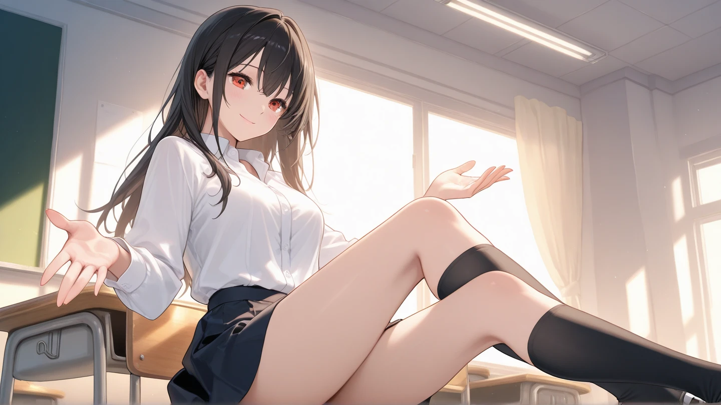 (Masterpiece, highest quality, high resolution, realistic photos, realistic looking skin:1.1),
(Woman sitting cross-legged in office chair in office:1.8),
(Her skirt is so short you can almost see her panties: 1.8),
(She looks happy:1.5),
(She is wearing a gray mini skirt and a gray blazer suit: 1.5),
(She is wearing a V-neck T-shirt under the suit:1.5),
(She is wearing pumps:1.5),
(panties with black pattern: 1.5),
(She has long black hair:1.5),
(The location is an office chair in an office:1.5),
1 Japanese girl, solo, full bodied esbian, beautiful eyes, glowing eyes, glowing thighs, NSFW