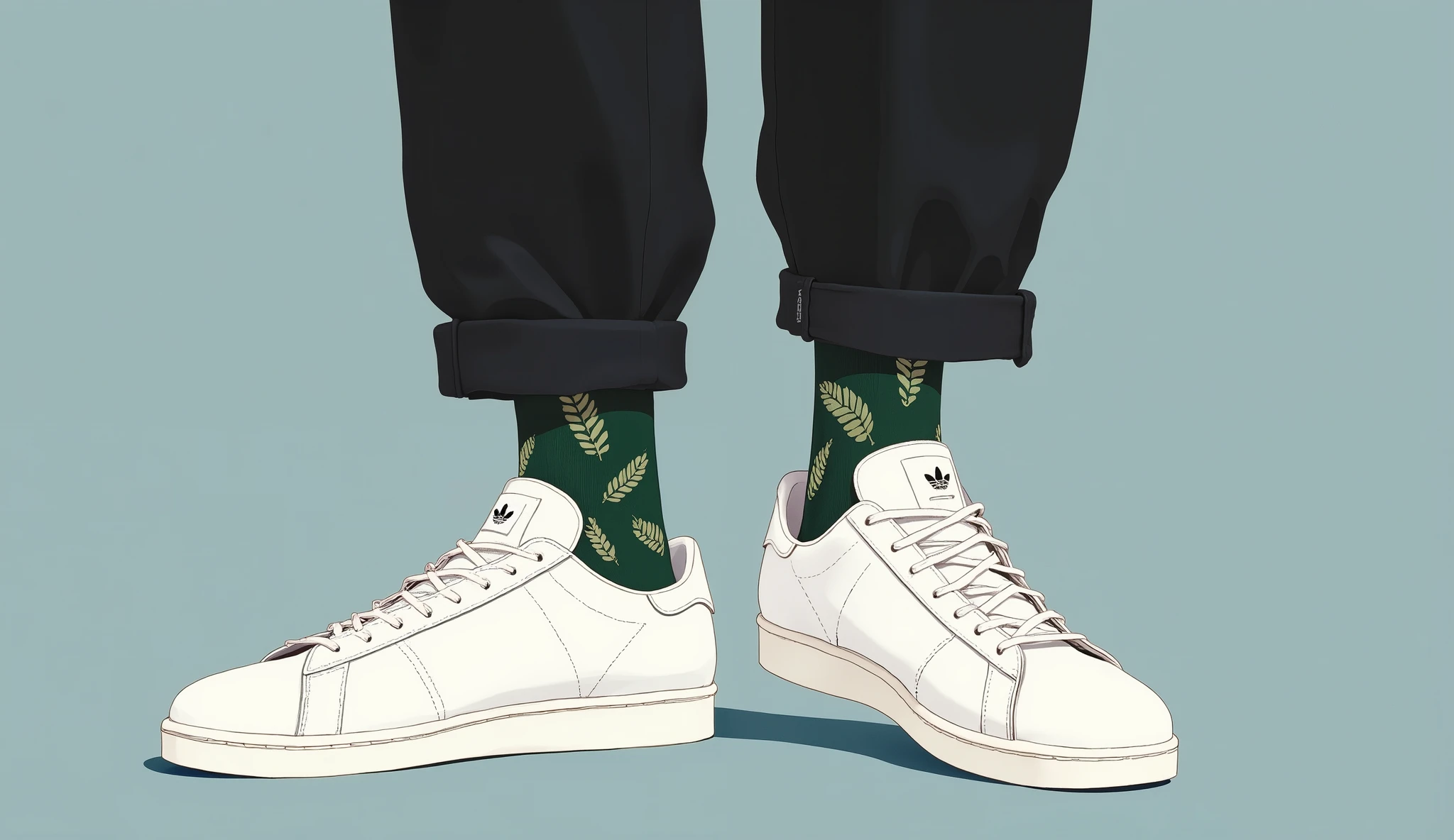 White Adidas Sneakers, White shoelaces, Roll Up Black Pants, Illustration Style, Leaf Pattern Dark Green Socks, casual vibes, Bold Design, Neutral Blue Grey Background