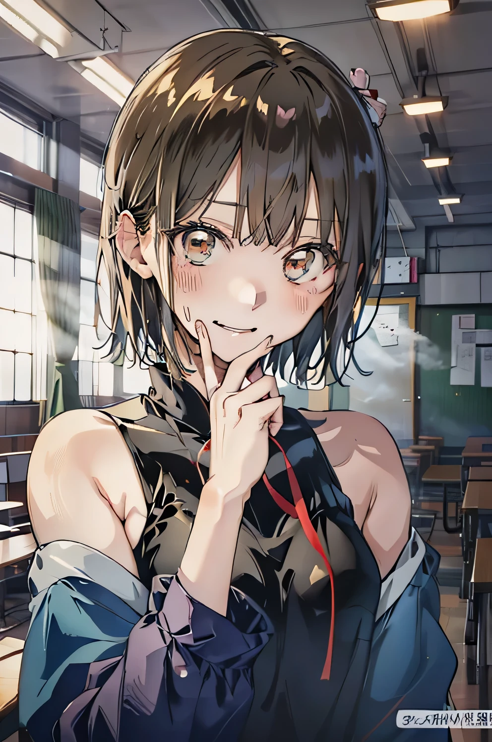 (from above:1.2), (armpit focus:1.3), hand to own mouth, (upper body:1.5), (head tilt),
blush, bewitching pose, heavy breathing, fog, (glistening skin:1.2), (蒸れた脇の下:1.2), 滴る汗,
seductive grin smug, drunken eyes, (blush),
((best quality)), ((masterpiece)), 高解像度,鋭い焦点,(超詳細,非常に詳細),(非常に詳細 CG unity 8k wallpaper),(((鮮やかな色彩))),{best illustration},
anime style, 1girl, ChinatsuKano,茶色の髪, (complete anatomy), betterhand,5本の指,
水色のブレザー, 水色のスカート,白いソックス,茶色のローファー,
High school classroom, desks, chairs, 窓から見える校庭,