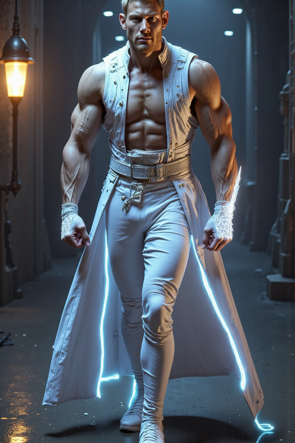 realistic, masterpiece, intricate details, detailed background, depth of field, photo of a handsome (italian man), w4x4rmor, wearing wax long coat, (dynamic pose), fighting stance, fantasy background, cinematic composition, covered in white liquid, pectorals, thighs, portrait, fantasy city background, walking, from side, close up,