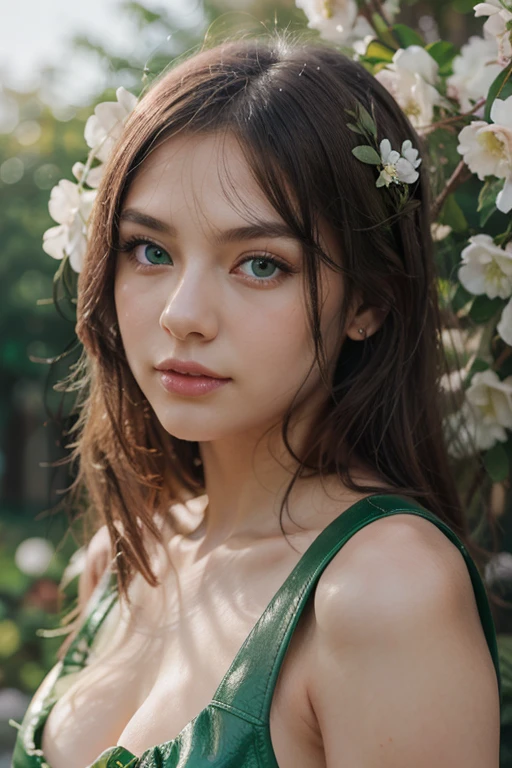 warm smile, mujer encantadora, (Espartilho com Bojo, made in Laise Poá and Lace, red, black, blacked, blue, sky blue, light blue, multicolored), (in a garden full of roses), hourglass body, green eyes, detailed eyes, perfect eyes, lips, pink lipstick, makeup