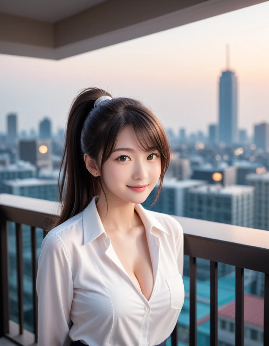 (Highest quality,masterpiece:1.3,Ultra-high resolution),(Very detailed,Caustics,8k),(Realistic:1.4,RAW shooting),(Buckshot),Japanese,18 years old,cute,Are standing,(I'm looking at the camera with a smile on my face),Black hair medium hair,Big Breasts,White blouse,Knee-length skirt,Strong winds,Hair blowing in the wind,rooftop,Backlight,sunset,sunset sky,Waist up shot,Face Focus,Face close-up,Natural light