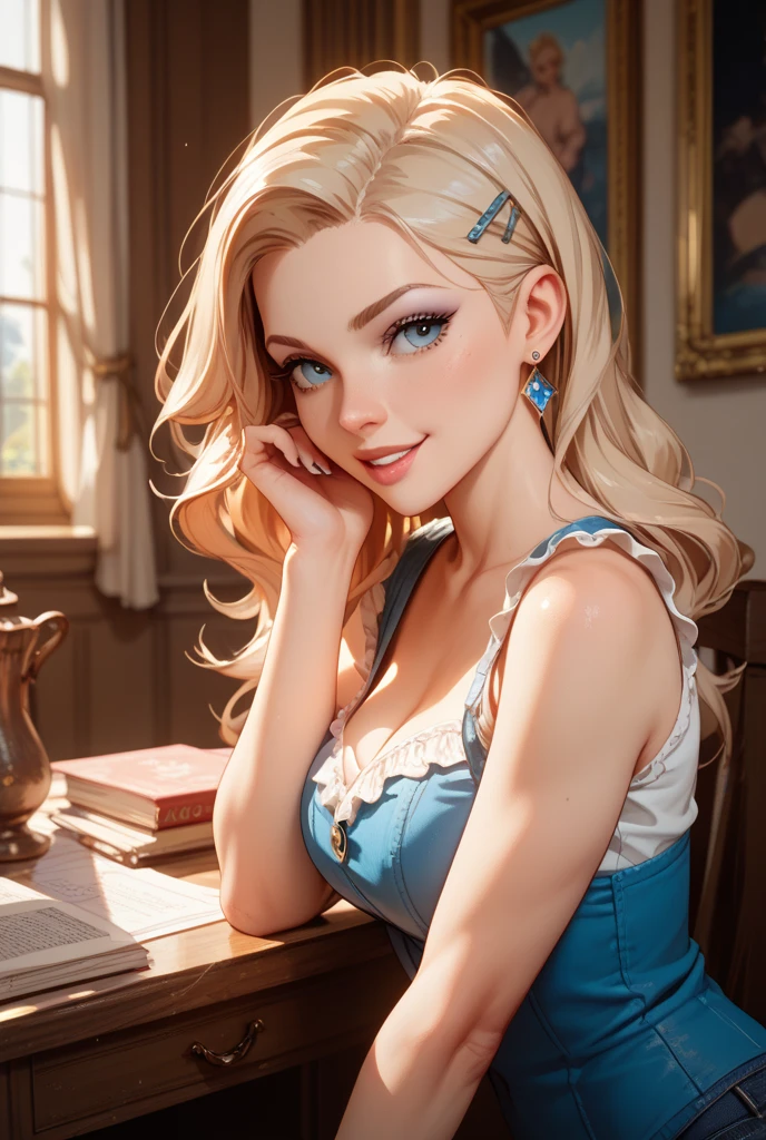 c0uchc4sting, AliceWonderlandWaifu, ((blue dress)), ((white dress)), <lora:Aliceinwonderland_character:0.5>, sitting on a couch, from above, cleavage, looking at viewer, smirk, blushing, thighs, indoors, sitting on a couch, <lora:c0uchc4sting:0.5>, masterpiece, best quality, highly detailed facial features, volumetric lighting, highly detailed environment, digital painting, sharp focus, 16k, hdr, concept art, illustration,