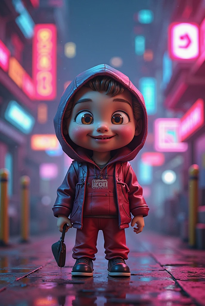 (masutepiece),(Best Quality),(Ultra-detailed), (Full body: 1.2),Male child1a person,Chibi,Cute,(city), (Wrap a white towel around your head),(Red tracksuit) with the (White sneakers) ,A smile,sideburns,