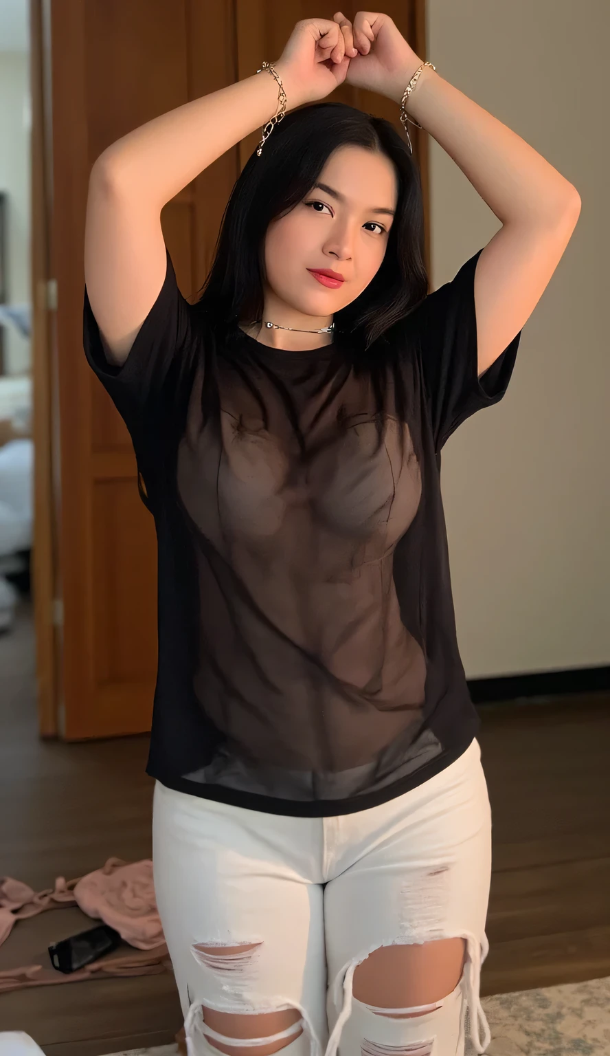 a woman, is in the bedroom, kneeling in the bedroom, both hands raised above the head with a chain, wearing tight neck cuffs, shirt looks full body, body facing front, eyes looking at camera , wearing a transparent black slimfit t-shirt, long ripped leggings in white, big size G-cup, thick red lips, horny face, black hair, bra and underwear scattered in the bedroom, ideal body shape