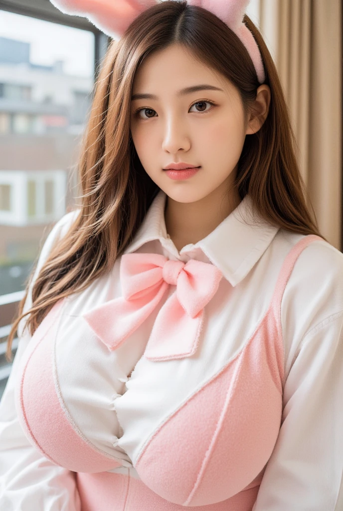 Young Face　Round glasses　Farbe々Hairstyle　Three Girls，Twin-tailed，Pigtails，，Bangs are aligned，Slightly chubby，tender，flexible，Short stature，Kuikomi Shirt，a bed，Smiling，The room is bright，Colossal tits，brownish hair