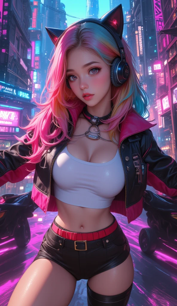 A sexy flight attendant in a futuristic city, yellow mini skirt, dark blue jacket, big blue eyes, red and pink long hair, perfect cleavage, neon city lights, sensual pose leaning on a wall, background Cyberpunk city alley. Crossed arms above her head, crossed legs, looking at the camera