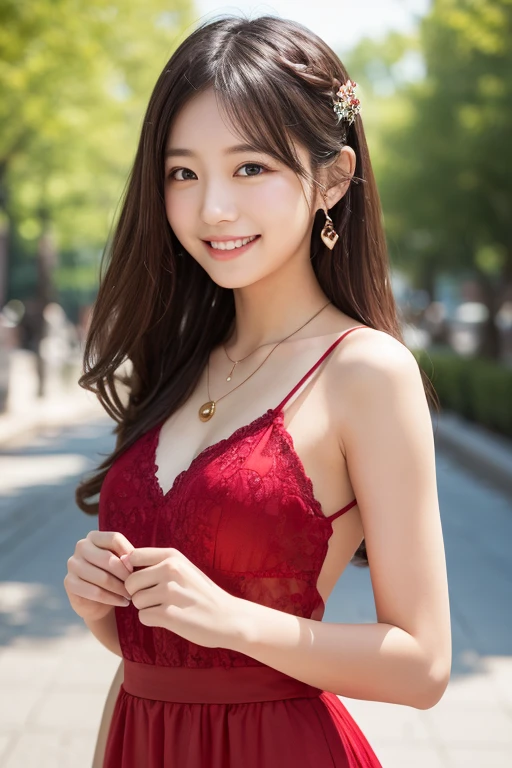 Angel Very Beautiful and Cute Girl, Beautiful detailed eyes, Detailed double eyelids, (largeeyes:1.3),long eyelashes, See-through bang, (beautiful detailed face and eyes:1.4), small nose, small mouth, Beautiful long hair, Happy smile with bare teeth, (Best Quality:1.2), Raw photo, High resolution, perfect  detail, Professional Photography, full body shot  of,Professional Lighting,BREAK has large round breasts、red provocative panties、red exciting bra、cute and beautiful butt,The whole body is reflected、Walking,Beautiful legs, In the city,Brown hair,