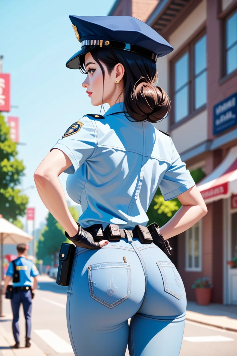 1girl，Policewoman，Delicate and beautiful face，facce blushing，Sweat on the face，Various hairstyles，Plump breasts，Convex buttocks，Soaked body，There is an unknown white liquid on the body，Wearing a blue shirt，With police insignia，Black tie，Black leggings，Black boots，White gloves，Wearing sunglasses，Wear a helmet，Close-up of the chest，Close-up of buttocks，Perfect proportions，Detailed clothing details，Liquid effect，squad car，Police light effect，The metropolis of the future，High-tech scene，Quality，master masterpiece，8K，