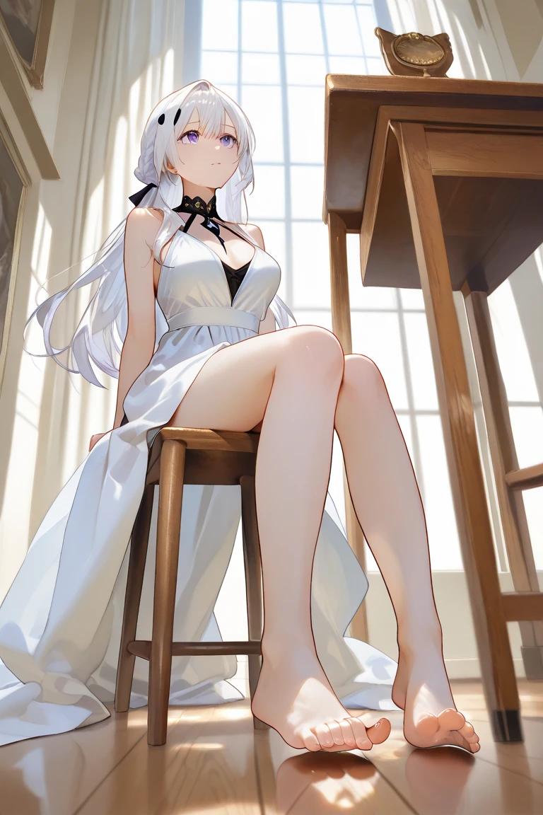 Girl, 18 years old, long silver hair, smooth skin, beautiful, silver eyes, sitting on a chair.