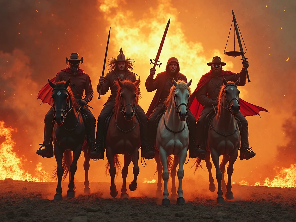 Flames are burning in the background of a group of men in Wild West costumes, movie action scene, still from a live action movie, live action movie scene, VFX action shot, VFX shot, still from a fantasy movie, an epic cowboy battle scene, dramatic cinematic action shot, Awesome VFX, background: battle scene, epic battle scene, epic battle scene