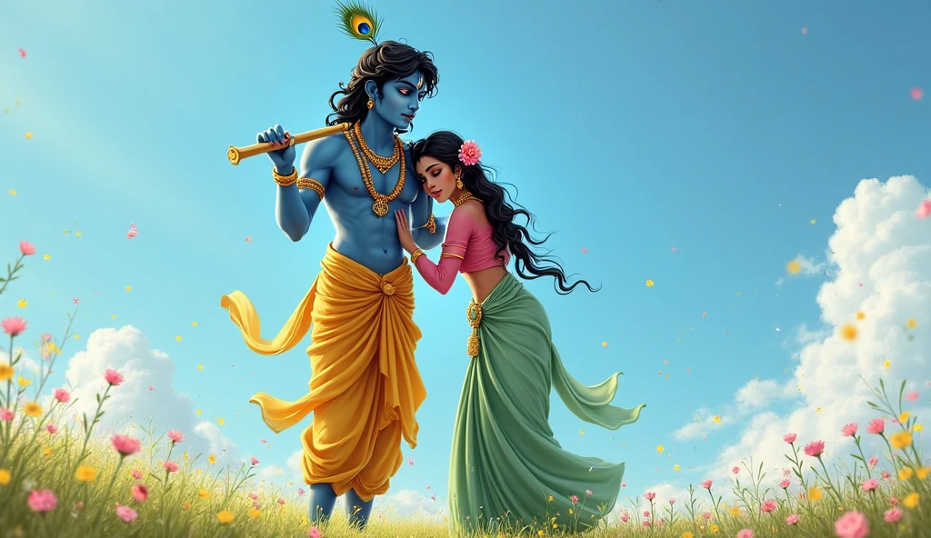 Lord krishna playing flute and lord mahadev doing tandav with trident and basuki raaj