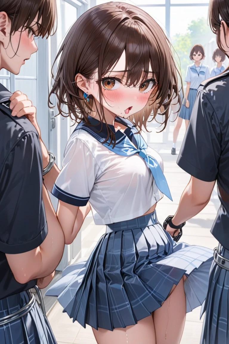 Misaka Mikoto、Misaka Mikoto、beautiful girl、Blazer Uniform、Very short pleated skirt、Very thick thighs、Photo session、Acme Face、Best image quality、High resolution、masterpiece、super high quality、Thick pubic hair、Screaming orgasm face、Striped panties、Striped bra、Very big ass、Very large breasts 、blush、4k quality、blush、Cry of ecstasy、Wearing black knee socks、Sweaty all over、Heavy breathing、Cowboy Shot、Shaking breasts、上下にShaking breasts、Penis sheath、Cowboy Shot、Have sex with a man、Multiple menに囲まれている、Multiple men、{Highest quality}, {so beautiful}, {Very detailed}, {Best illustrations}, Browsing Caution, , Blowjob, Sucking penis