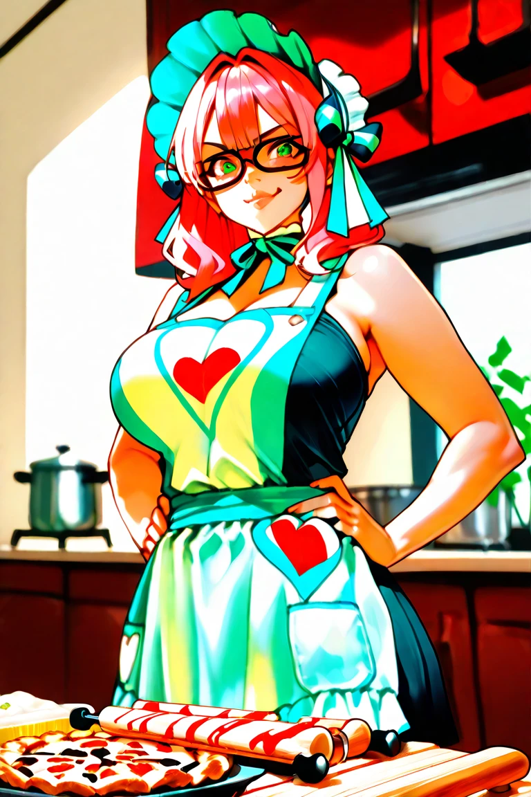 anime, Harley Quinn Beauty wearing a chef's hat and outfit, wearing glasses, sorridente, sitting on table, eat birthday cake, cozinha ao redor, corpo inteiro, Looking at camera, Top viewing angle