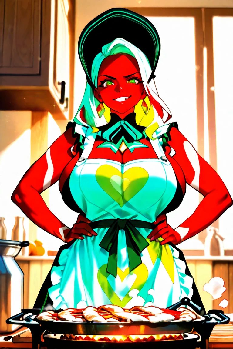 cartoon drawing of a woman with pasties and red panties, commission for high res, cel shaded!!!, thick black lineart, thicc, clean cel shaded, dark skin female goddess of love, fully colored, bust shot, cel shaded, inked and colored, oc commission, bob cut, commission for, outlined!!!, 3/4 bust, huge breasts, choker, (((heart pasties))), nose piercing, lip piercing, (((lime green hair))), green eyes, (((dark-skinned female))), (((very dark skin))), (((red panties))), (((red thighhighs))), ((red sleeves)), ((detached sleeves)), arms behind head, seductive pose, provocative, presenting