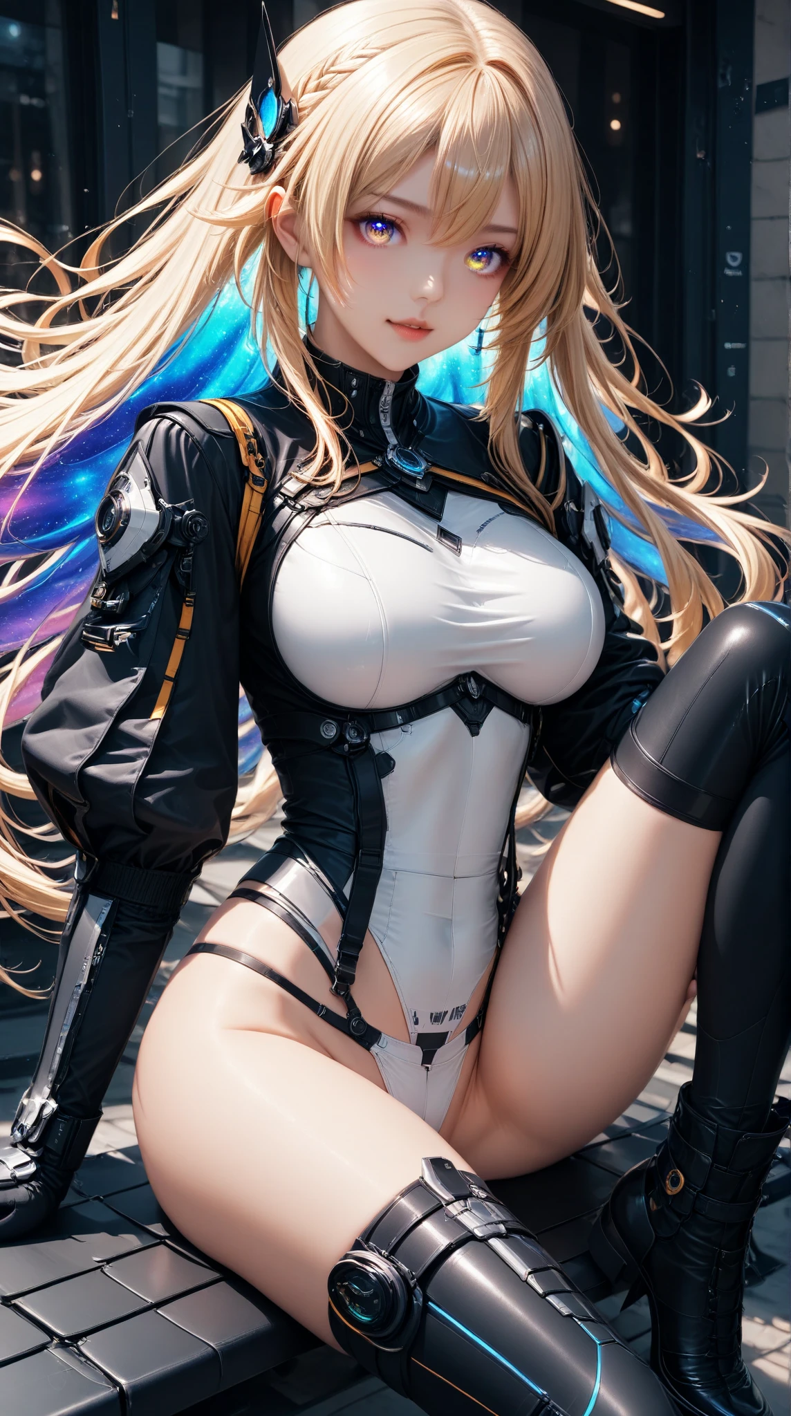 optimum,tmasterpiece,A high resolution,best qualtiy,hyper HD,super detailing,Award-Awarded,16k,独奏,(The upper part of the body),anatomy correct,Beautiful cyberpunk girl,Ex Machina,cute face,high light,Gradient Beige Hair,Hairline,((Scarlet eyes)),long eyelasher,Hanging eye corners,White skin of the,(small boobs),(Slim body),((Tight short jacket)),((frilled_dress)),ear studs,(neck rings), very short gloves,(Laser material clothing:1.2)