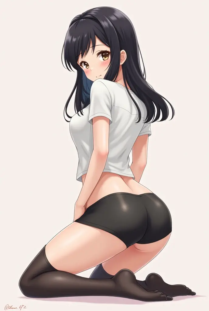 all intricate details, woman, kitten pose, cat ears, short hair, perfect hands, perfect fingers, perfect body, sensual cleavage, medium breasts, red shirt, wearing tight black shorts, sexy shorts, vinyl shorts, Ultra HD, image 4k, best image quality, (fidelity: 1.4), photoreal, light green eyes, eyelashes, beautiful pupil, shadows, slight blush, delicate facial features, reasonable facial features, exposed waist, natural sexy pose, random front angle, all black background
