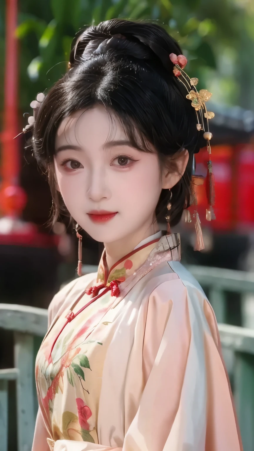 1 beautiful girl,best quality,(painting:1.5),Chest,torii,,depth of field, detailed face ,facial focus,ribbon_trim,(watching the audience:1.25),Smile,Thick lips,Real People,cheongsam