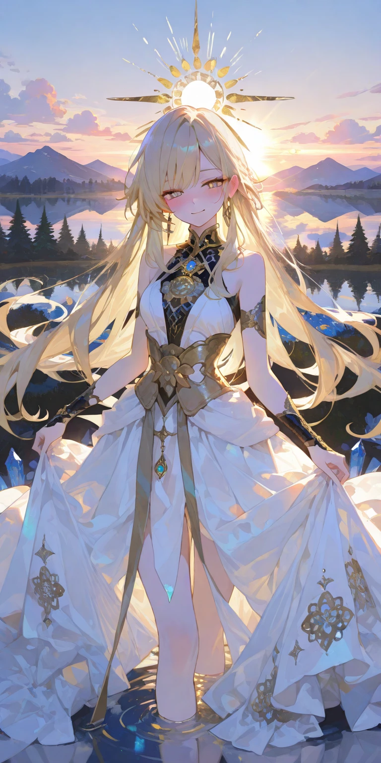 ((NSFW)),melancholy lighting, quiet, calm, brightness, masterpiece, best quality,
((1girl)),((a blonde cute 10 heads tall slender elf girl)),(( )),
(ultra photorealistic:1.3), (masterpiece:1.4), best quality, ((realistic)), high quality, ultra detailed, ((Real image)), ((realistic skin)), ((realistic face)),(illustration:1.05), (beautiful:1.05), (beautiful detailed eyes:1.05),((drooping eyes:1.3)),(beautiful detailed nose:1.05),(beautiful detailed mouth:1.05),(cinematic light:1.1), ((Full body)), precise proportions,
,(( walking throuh forest)), smile,very short ethnic costume , ((sweating:1.3))
tulle, long legs, slightly open feet, buttocks, blush, shyness, collarbone, abdominals, double weave, beautiful and delicate face, fair skin, real skin, (face detail), pores, super high resolution, 8k, parameters Best quality, masterpiece, super high resolution, (Realistic 2.0), More details, detailed skin,
wide smile, white teeth,perfect and well designed eyes,