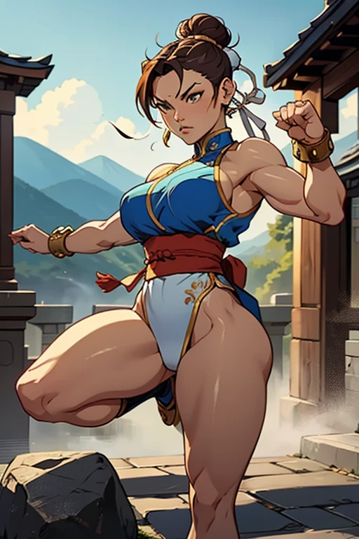 (masterpiece, best quality:1.2), ((muscular:1.2)),Masterpiece, best, 1 female, blue clothes, blue cheongsam, full body photo, ancient Chinese style, white cloth bun bun, black hair, shoulders, big breasts, slender legs, smile, white pantyhose, pantyhose lace side, white underwear, pale pink lips, embroidered dress