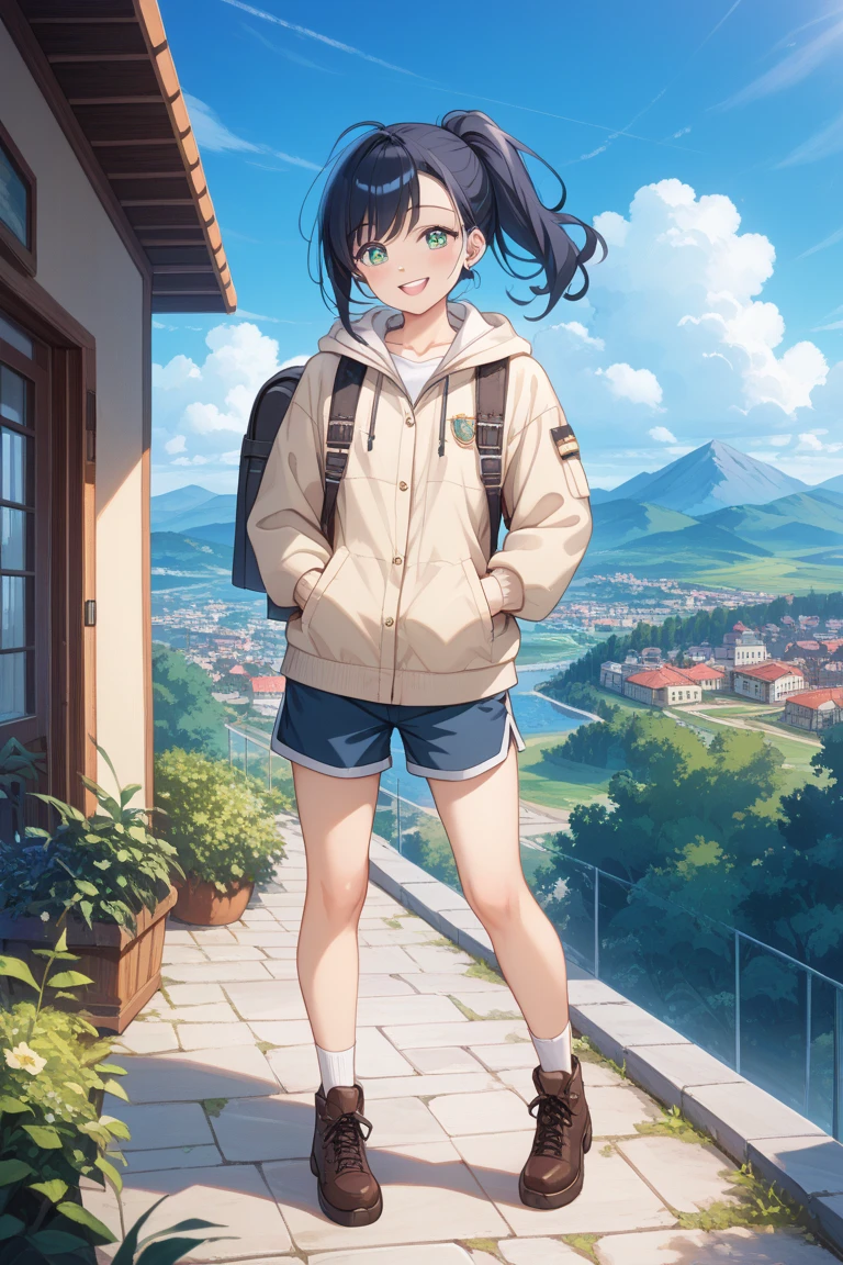1girl, kuraue hinata, 1girl, solo, twintails, bag, backpack, smile, pantyhose, sitting, watch, purple eyes, wristwatch, red shirt, black hair, black legwear, cloud, sneakers, bottle, day, short sleeves, outdoors, t-shirt, legwear under shorts, water bottle, blue sky, closed mouth, eyebrows visible through hair, collarbone, looking away, grey shorts, looking to the side, thermos, socks, short shorts, hair between eyes, knee up, tying footwear, socks over pantyhose, clothes writing, blush, leggings, cross-laced footwear, cloudy sky, grey legwear, short hair, ahoge, medium hair, full body, v arms, blue footwear, masterpiece, best quality <lora:kuraue_hinata_sdxl_locon_ani_v1:0.7>
