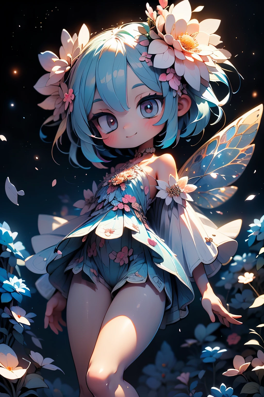 solo,1 female,cute, cute,small ,( face the whole body:1.5),(Flower spirit:1.5),Skin color is white,(beautiful mini skirt dress made of flower petals:1.5),(barefoot:1.5),(Mysterious fairy:1.5),(An accurate and perfect hand:1.5),( face the whole body:1.5),(viewers:1.5),(anatomically accurate hands:1.5),( face the whole body:1.5),(Shining rainbow-colored eyes:1.5),(Sparkling highlights on the eyes Reflected light:1.5),(Semi-long that shines in rainbow colors:1.2),(smile:1.5),(with large gorgeous petals growing on their backs:1.7),(beautiful dress made of petals:1.5),大きな可愛いsmile,[Flower wings on the back:1.5],(the background is a starry sky and blue moon:1.5),(8k,Very DetailedCGユニットのwallpaper, masterpiece,high resolution, real texture skin,surrealistic,increase resolution,RAW Photo,best quality,Very Detailed,wallpaper,Movie Lighting,face close-up,(face light:1.5),(Increase overall color saturation:1.5),(cowboy shot tearing clothes and pants:1.5),( face the whole body:1.5),( face the whole body:1.5),( face the whole body:1.5)