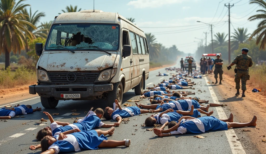 Students on road are died with blood in a long street of city. 