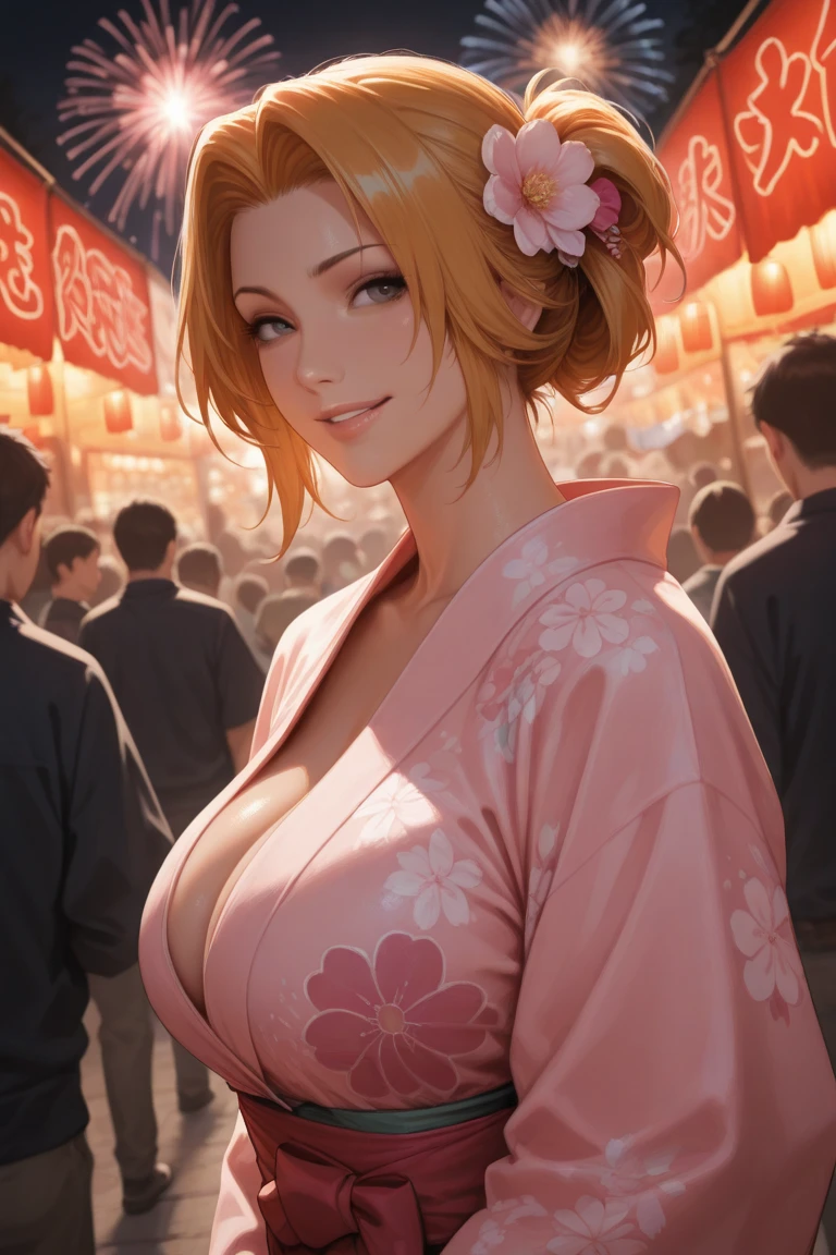 yukata,yukataがはだける,???? look,woman,Blonde,Gal,Short Hair,???????????,festival,night,stall,Watagashi,high quality,anime,