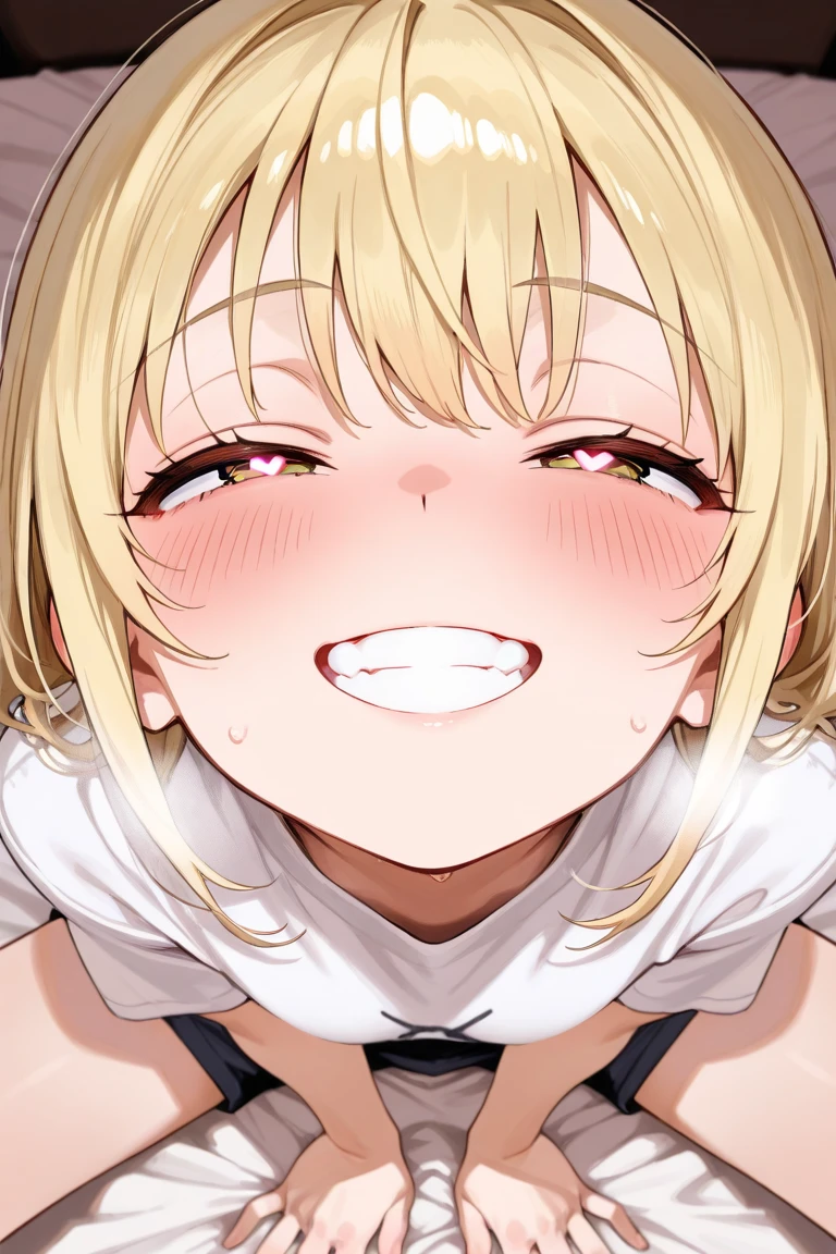 A short girl, girl wearing a oversized plain White T-shirt seduces viewer
, (evil smile:1.2),, tan skin, Saucy, blush,
absurd-resolution, ultra-detailed, best quality, cute illustration, (((Oily skin、Shiny skin、sweat,wet,Vulgarity))), ((steam))、(full shot:1.8),whole body、in the class room in Japan,((eating ice))
