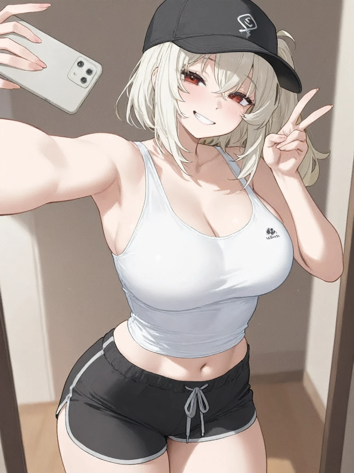 ((sexy girl ,gyaru))nsfw,glamorous, flushed face,blush,blushing, ashamed, bashful, flushed face, stand,yoga wear.point the smart phone
