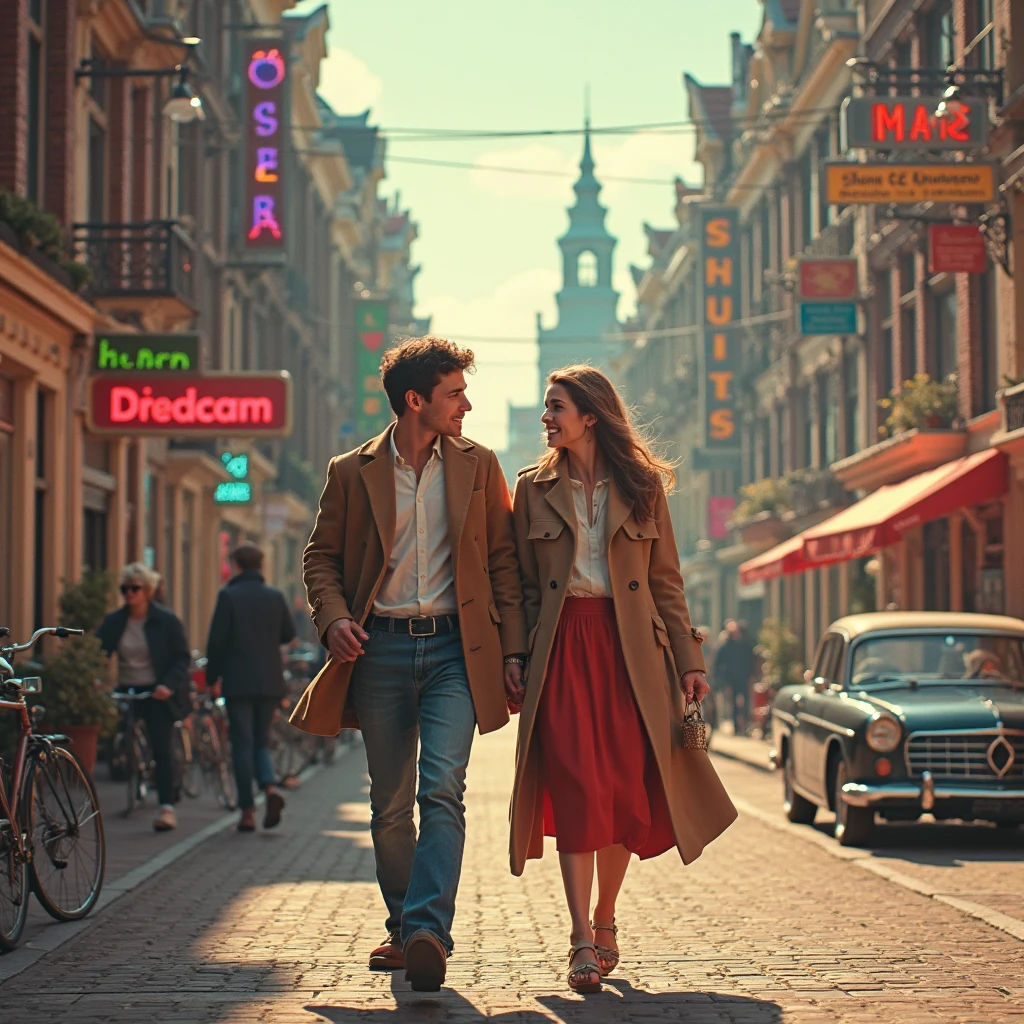 Hot Air Balloon Odyssey Over Tuscany: Illustrate a father and his teenage daughter, both with chestnut hair, embarking on a hot air balloon adventure over the rolling hills of Tuscany. The father, in a vintage leather aviator jacket, and the daughter, in a flowy floral dress, peer over the edge as the balloon floats amidst a dreamy sunset, capturing the sense of family adventure in Wes Anderson's whimsical color tones.
