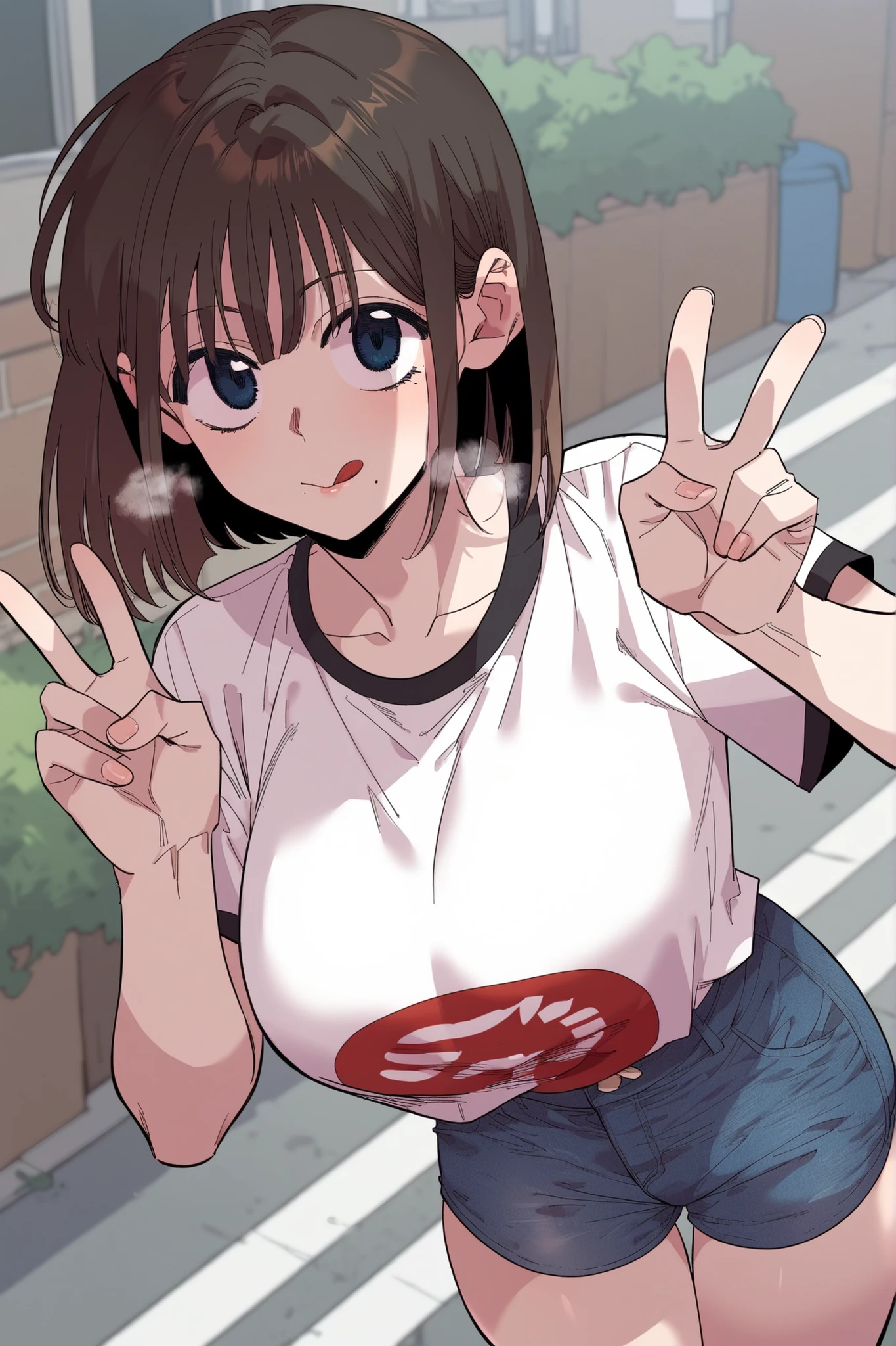 1girl,solo,yuuki mikan,, ,brown hair,, ,1girl,,,big breasts,,open mouth,,tongue,smile,(spoken heart),outdoor,,looking viewer,(((casual clothes))),walking