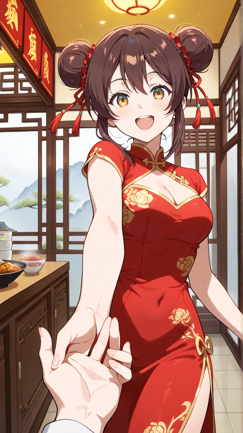 A woman in a Chinese dress making steamed meat buns at a Chinese restaurant Giant steamer Large Breasts