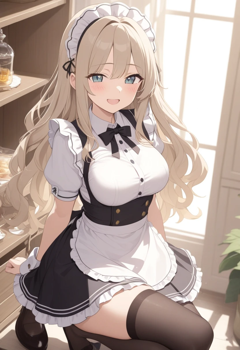 masterpiece,best quality,highres,ultra-detailed,bbminami,long hair,large breasts,ahoge,indoors,cafe,maid,maid headdress,apron,(skirt hold:1.2),standing, lifting her skirt, showing her panties, white lace undies,cowboy shot,smile,