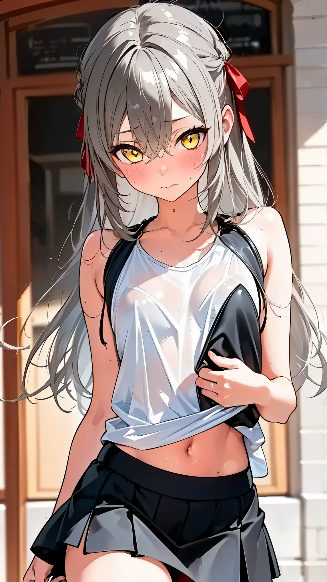 8K (high resolution) (Super Detail) (masterpiece) (Highest Quality) detailed eyes detailed face detailed hands Delicate hair detailed wrinkles on clothes very elaborate body fine skin (solo) early yellow eyes (Grey Hair) long hair red ribbon on the side of the head ( small ) flushed cheeks embarrassed look casual style Sheer Tops Mini Skirt composition from an oblique bottom Walking around town see here