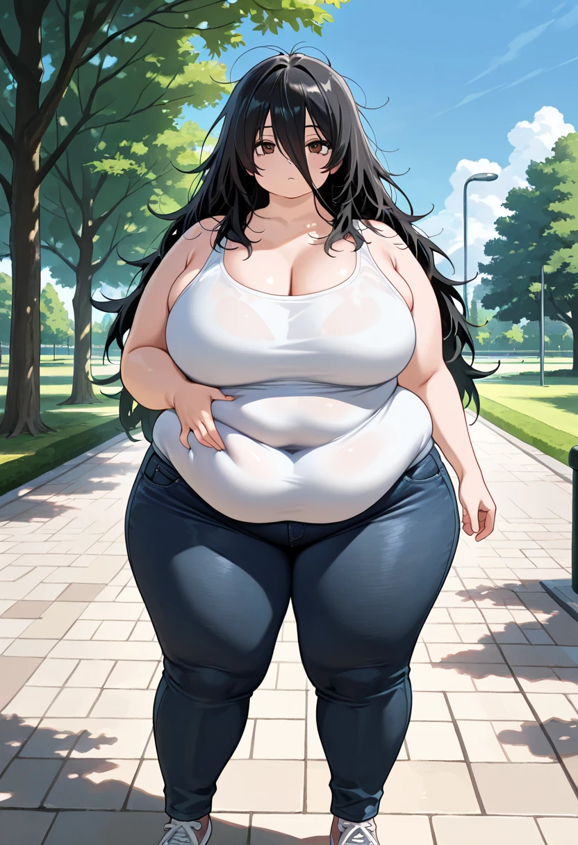 2heads, tall chubby woman with 2 heads. Massive breasts. Mother. Freckles. Outside on park trail. Wearing sports bra, wearing leggings. Straight long brown hair in a bun. Blushing. Happy, smiling. Thick eyeliner. Gorgeous thin mature face. Seductive. Huge thighs. Wife. Blushing. Breathing heavily. 