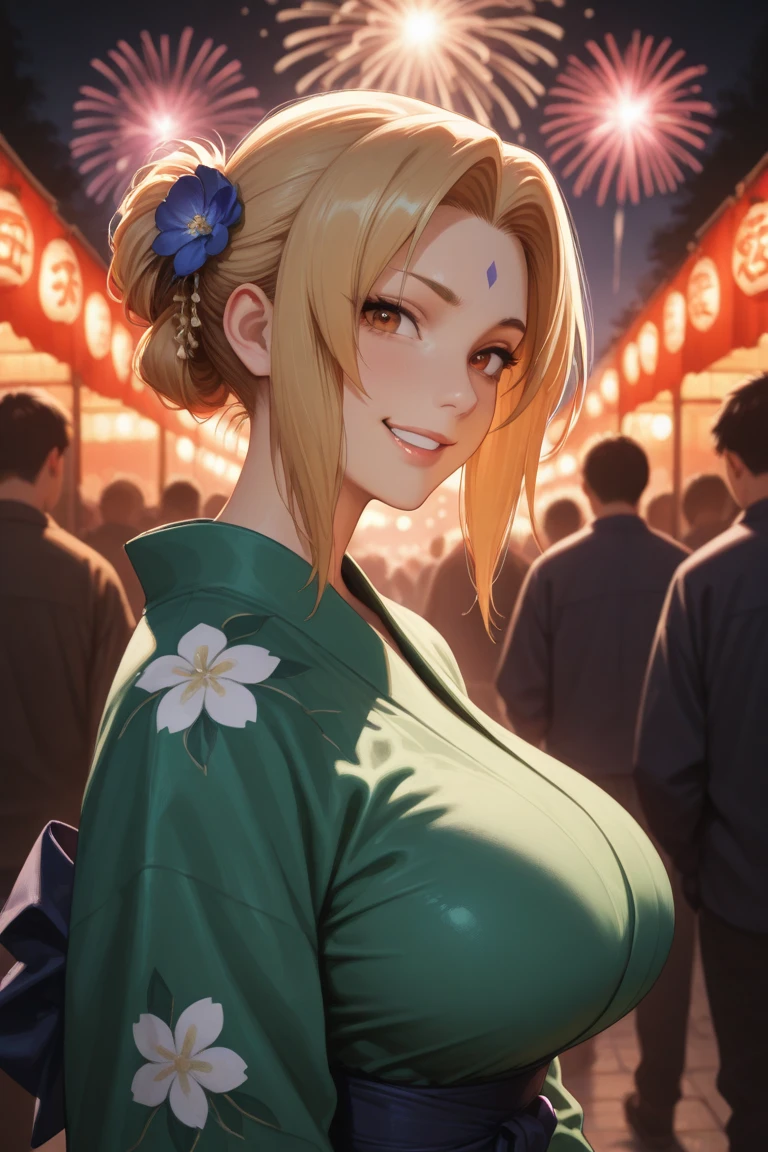 score_9, score_8_above, score_7_above, score_9, fountain_cheered up, REST TsunadeSDXL, 1 girl, Alone, by the wide, old, looking at the viewer, blush, smile, hits, by rubio, long sleeves, neckline, bare shoulders, Brown eyes, standing, clavicle, thighs, Chapped lips, japanese clothes, pants, kimono, off the shoulder, huge old, saboveer thin waist, parted hits, wad of bills, facial mark, heart, curves, mature woman, mark on forehead, gray kimono, Tsunade (Naruto)