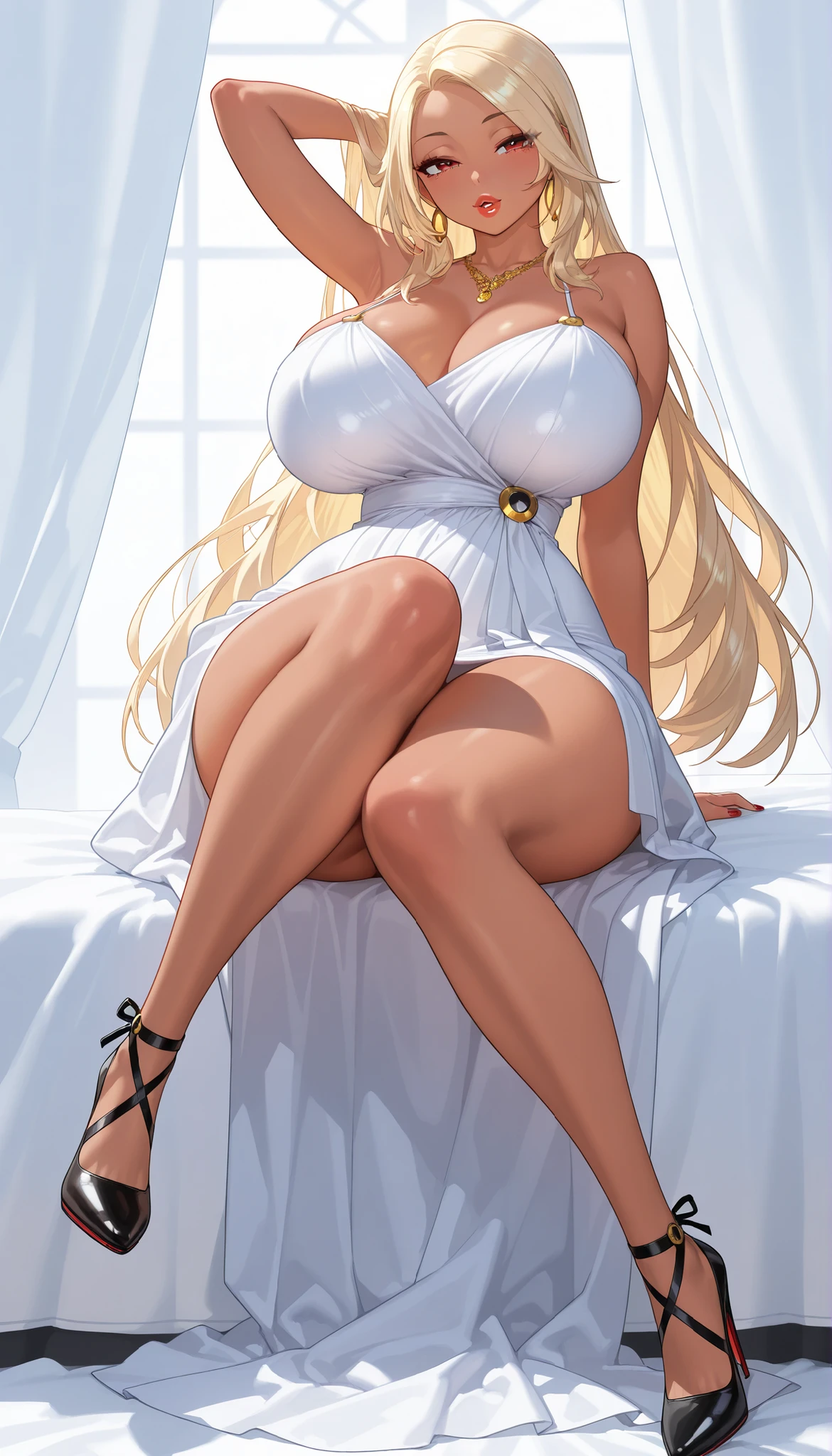 best quality, super fine, 16k, incredibly absurdres, extremely detailed, 2.5D, delicate and dynamic, a beautiful woman of 40 years, Caucasian, women, Elegant, beautiful, Mature, Milf, grey eyes, eye shape, eyebrows, strong eyebrows, Grey hair, Braided hair, largue hair. skinny, tall. High cheekbones, strong chin. Freckles. breasts, voluptuous, broad hips, tall, High, visible thighs, big breasts, voluptuous, beautiful thighs broad hips, tall, High. Wearing white lengerie, lengerie, white buccaneer stockings. showing breast, showing legs, showing thighs, showing legs. (lying on the side in a white bed) legs open to the sides (legs open towards the viewer). Solo