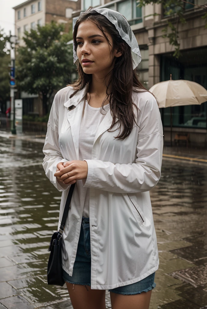 ((Highest quality)), ((masterpiece)), (detailed), Gentle rainy scenery, girl.((Back view)),Make people smaller
