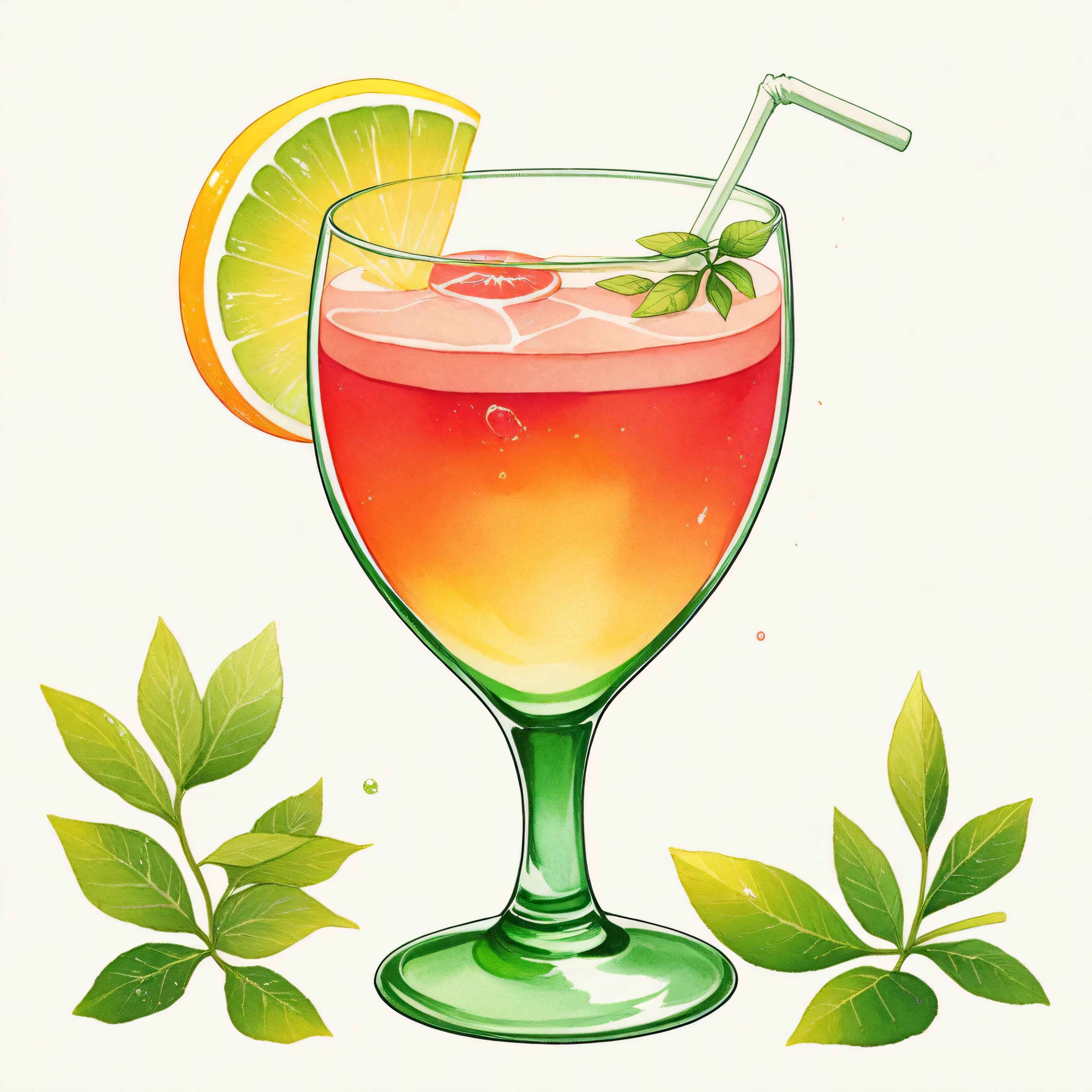 A watercolor-style illustration of a single Aperol Spritz cocktail in a clear, stemmed wine glass. The glass is filled with a vibrant orange-red liquid, numerous translucent ice cubes, and several small, fresh green mint leaves floating near the top. A bright, semi-circular slice of fresh orange is perched on the rim of the glass. The style should mimic the loose, slightly textured appearance of watercolor on paper, with soft edges and subtle variations in color intensity. The background is a clean, solid white.
Color Variations:
Emerald Lime Spritz: The liquid is a bright, translucent emerald green. The citrus garnish is a thin slice of vibrant lime green. The mint leaves remain bright green.
Ruby Grapefruit Spritz: The liquid is a deep, translucent ruby red. The citrus garnish is a thin slice of pale pink grapefruit. The mint leaves are a slightly darker, almost forest green.
Sapphire Blueberry Spritz: The liquid is a rich, translucent sapphire blue with hints of purple. The citrus garnish is a thin slice of pale yellow lemon. The mint leaves have a subtle bluish-green tint.