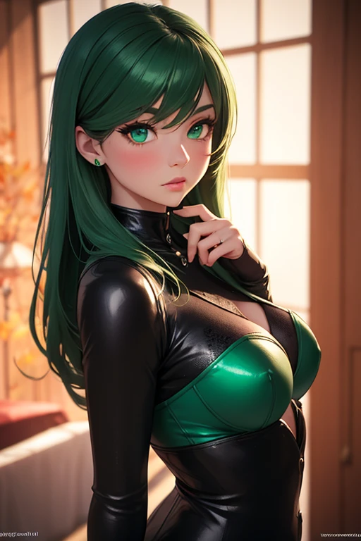Real beauty,Blindfolded,nedium breasts,cleavage,cleavage cutout,clothing cutout,Green background,Hair between both eyes,shairband,A high resolution