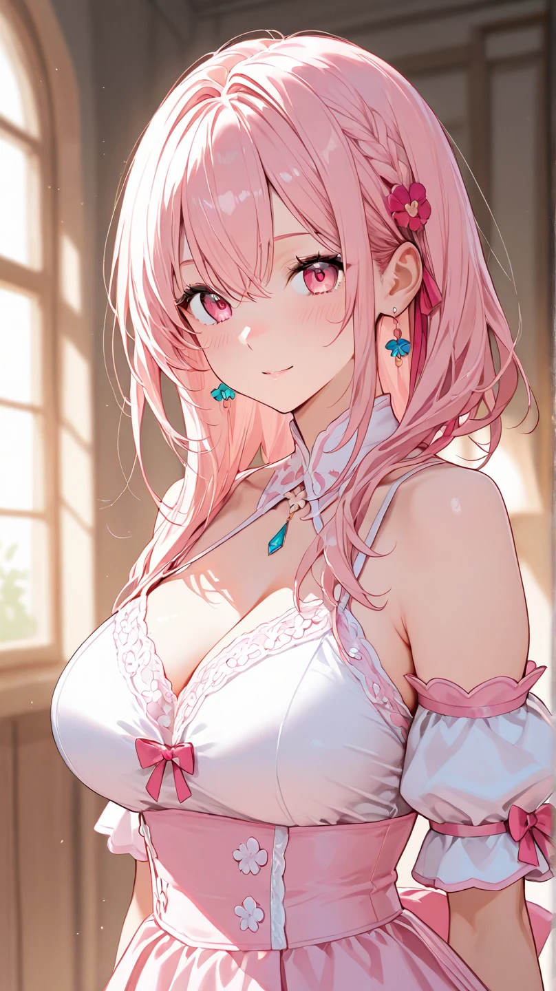 1 girl, pink long bun hair, heart shaped eyes, ♡, big breasts, Wedding dress, {girl with pink long bun hair named Nami}, (Pink eye color), {downtown}, (smile), bright background , mole under eye, heart shaped choker, (masterpiece, highest quality), very detailed, highest quality, official art, beautiful and aesthetic: 1.2), (1 girl), very detailed, (geometry art: 1.3), colorful, most detailed ?d1 girl, pink long bun hair, Eye of the symbol, +__+, big breasts, gothic costume, {A girl with long pink bun hair named Nami}, (Pink eye color), {downtown}, (smile), bright background, （garden,beautiful flower々）,mole under eye, heart shaped choker, (masterpiece, highest quality), official art, beautiful and aesthetic: 1.2), (1 girl), very detailed, (geometry art: 1.3), colorful