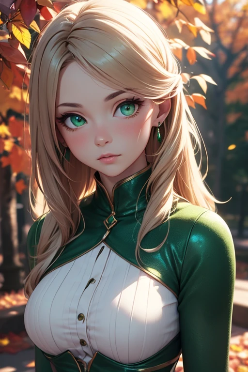 Female((20-years old)), hair((wavey, Golden brown)), Eyes((smart Eyes, Green)), Clothes(London Fashion Week, light white), Smiling, Breast Out, Ponytail, Accessories, covered nipples