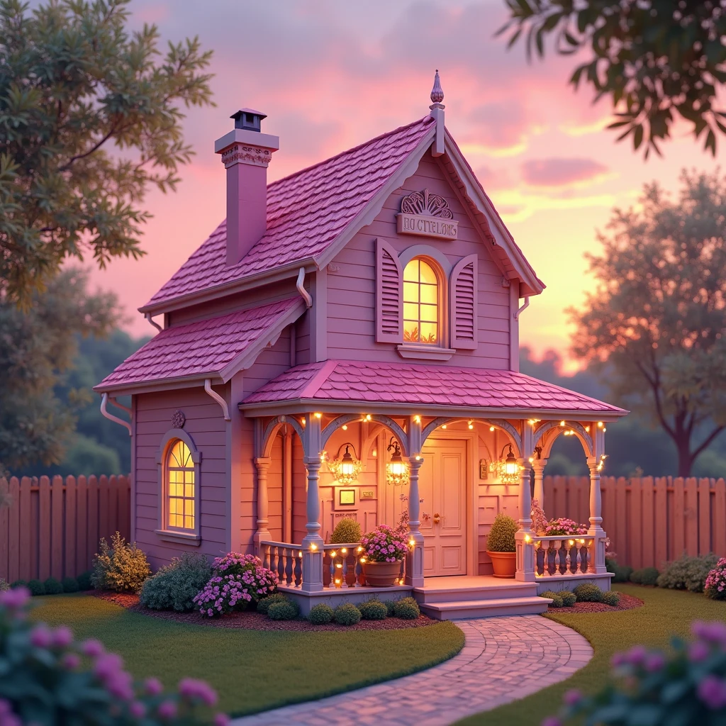 Cute pink house, pink roof, decorated with beautiful lights, small lawn, sunset background