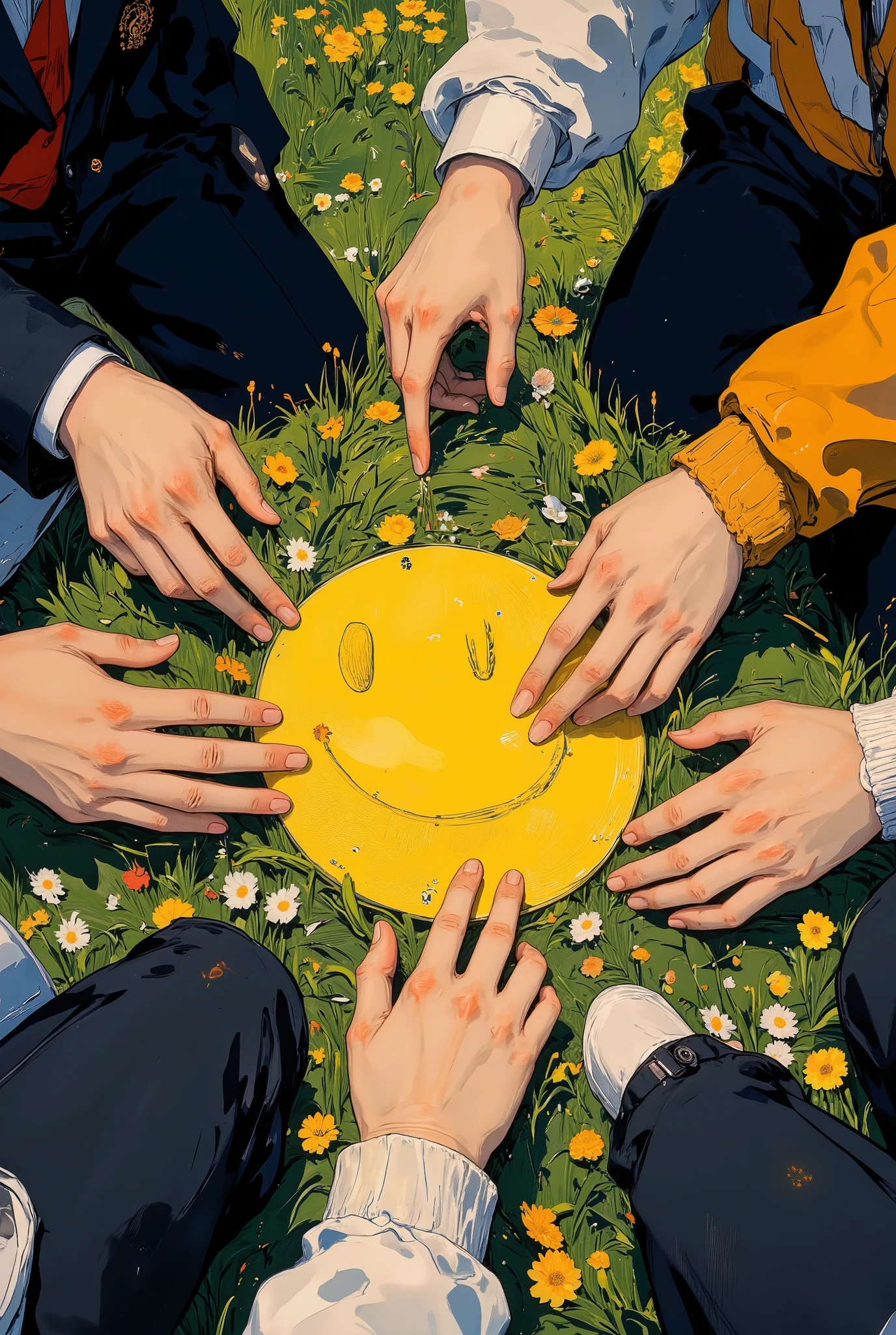a photorealistic image of four friends sitting in a circle, each extending one hand into the center,
their palms pressed together to form a single large yellow smiley face drawn across all four hands,
the smiley is slightly imperfect, hand-drawn with thick marker, the lines crossing from one hand to the next,
the camera is positioned directly overhead, capturing only the hands and forearms from a bird’s-eye view,
the friends wear different sleeves — a school blazer, a hoodie, a knitted sweater, a track jacket — adding personality and contrast,
the background is soft green grass with scattered cherry blossom petals and the golden light of sunset falling across the scene,
shadows from the hands and fingers stretch gently across the ground, adding depth and warmth,
the image conveys unity, friendship, and shared purpose, captured in a quiet, intimate moment,
photorealistic style with natural lighting, shallow depth of field, and emotionally nostalgic color tones