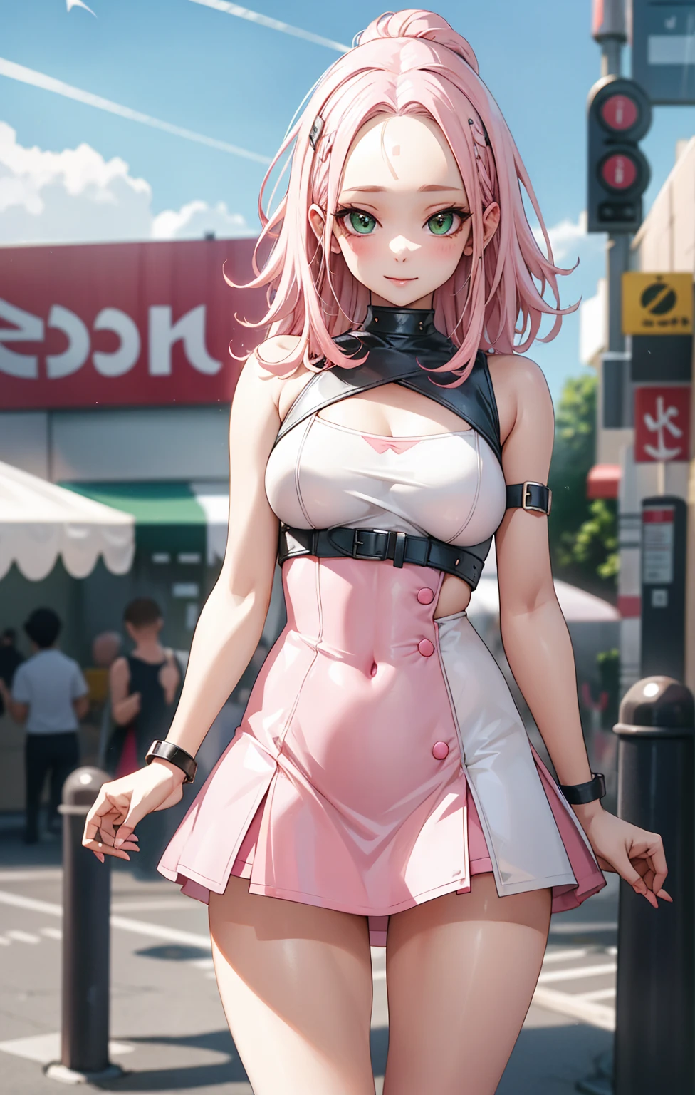 1girl,solo,sad face,crying,closed mouth((white blouse,little cleavage,black sweater around waist,pink skirt)),normal tits,(pink cat ears),light pink hair,mega twintail,big hair,green eyes,schoolbag,(((walking in a road on city in night))),cowboy shot