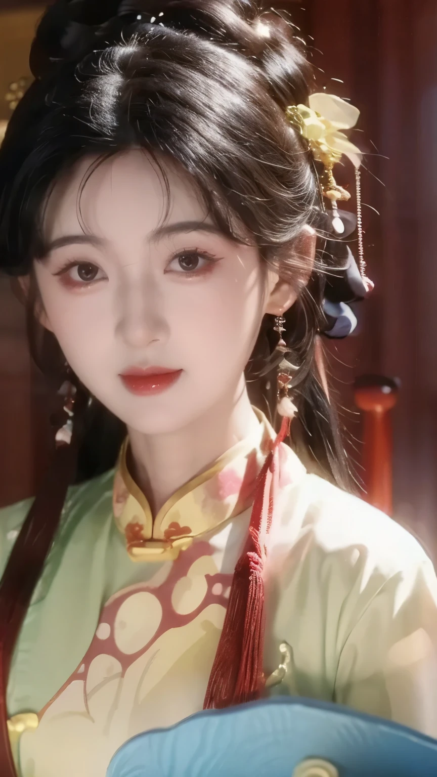 1 beautiful girl,best quality,(painting:1.5),Chest,torii,,depth of field, detailed face ,facial focus,ribbon_trim,(watching the audience:1.25),Smile,Thick lips,Real People,cheongsam