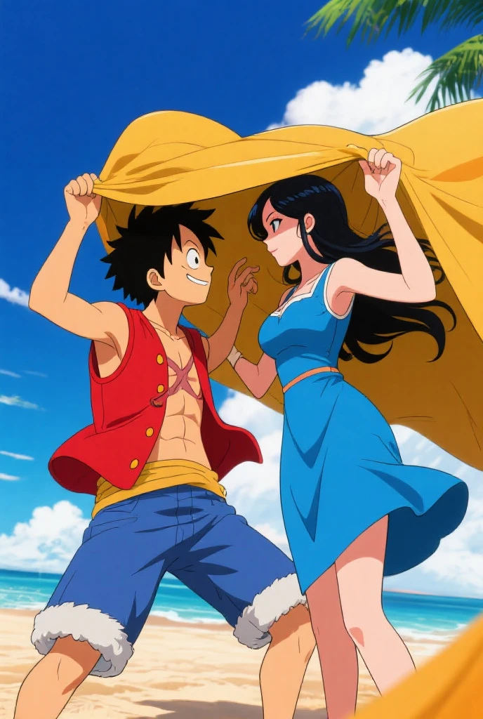 masterpiece, anime, kawaii, cute, romantic, best quality, couple, different fashion, different color, casual clothes, long sleeves, smile, happy, love, swirling wind, blue sky, man monkey D Luffy, woman Boa Hancock, onepiece, monkey d Luffy, boa Hancock, 1girl, 1boy, Couple, carrying,