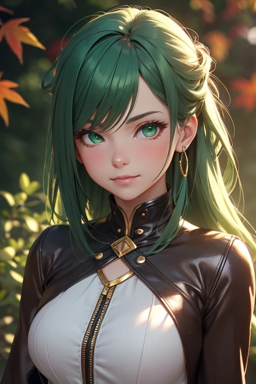 Masterpiece,The best qualities,Very high resolution,8K,((Portrait)),((Head close-up)),Original photo,real photo,digital photography,(A female adventurer who combines medieval fantasy with punk),(Adventurer,Mercenary),24-year-old girl,(Short Green Hair),(Red pupil),(Beautiful pupilig breasts),Noble and charming,Elegant and beautiful,serioave,(Magic Battle Suit in Fantasy Style,The combination of metal and leather,Cloak,A fine pattern of dress,Complicated badges,Metallic luster,Joint Armor,Coat open),medieval characterantasy style,Explorers in fantasy works,Photo pose,Outdoor background,Movie lights,Ray tracing,Game CG,((3D Unreal Engine)),oc render reflection texture